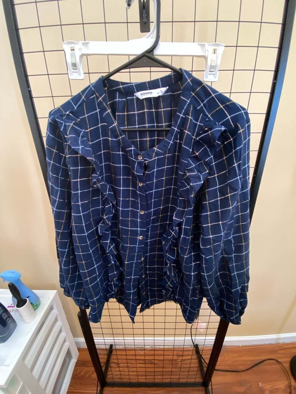 Sonoma Goods For Life Navy Plaid Ruffle Front Button Down Blouse